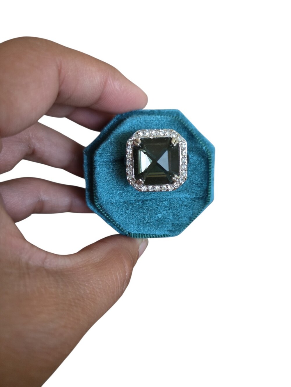 Size 9 Silver Toned Elegant Greyish Green Square Halo Cocktail Ring